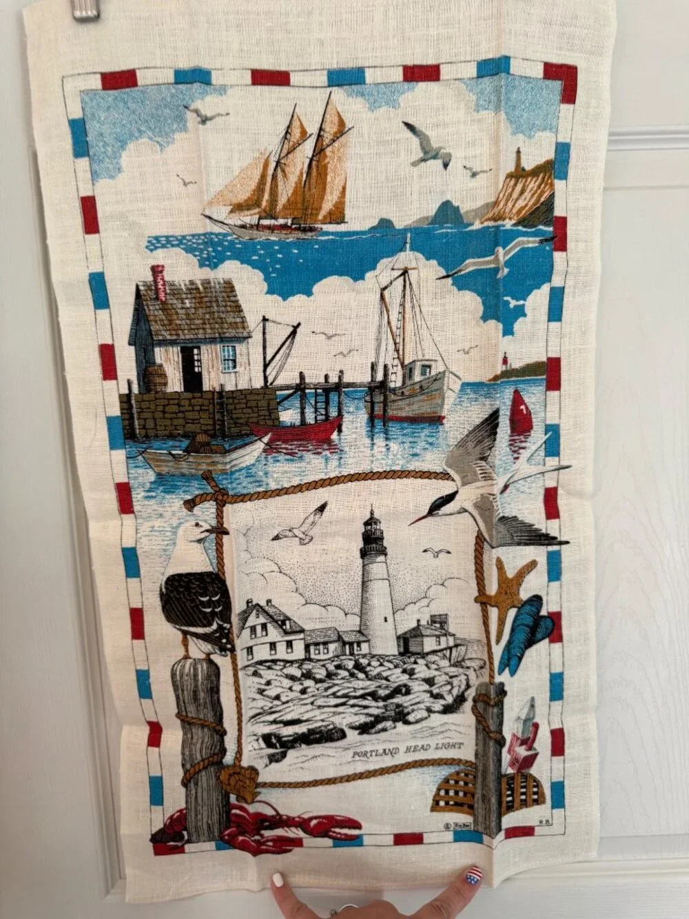Vintage Kay Dee Linen Tea Towel Portland Head Light Maine Lighthouse Lobster
